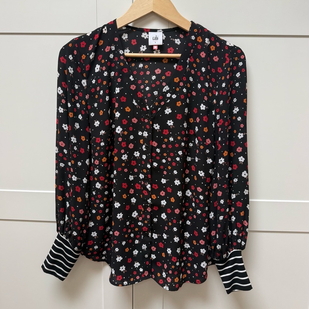 Cabi 3957 Cheerful Black Mixed Floral Stripe Print Long Sleeve Blouse - Size S